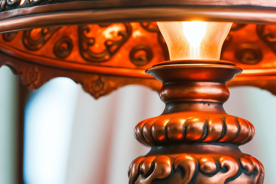 A close-up view of an intricately designed vintage table lamp featuring an ornate shade and a classic brass base. The warm glow of the lamp highlights its detailed craftsmanship, adding a touch of elegance to any space.