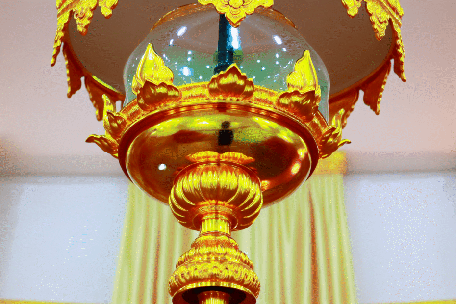 A beautifully crafted ornate lamp with intricate golden details and a glass dome. The lamp reflects light, creating a stunning visual effect in its surroundings.